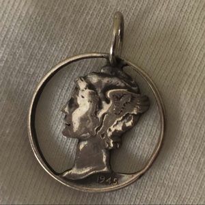 1945 US 90% Silver Mercury Dime Cut Out Coin Pendant Charm